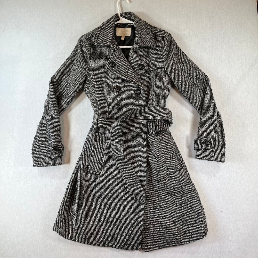 Banana Republic Belted Trench Coat Women S Wool Blend Herringbone Tweed Gray